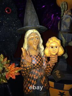 Orig. OOAK Hand Carved Anthony Costanza Halloween Folk Art Witch w Mask, Signed