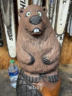 Original BEAVER Chainsaw Carving SILLY BEAVER woodchuck Statue 20.5 TALL