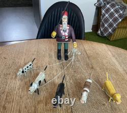 Original Primitive Folk Art Santa Walking / Herding 5 Dogs Ken Lessnau wood
