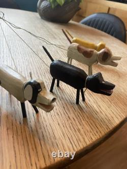 Original Primitive Folk Art Santa Walking / Herding 5 Dogs Ken Lessnau wood
