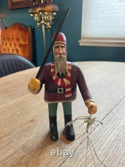 Original Primitive Folk Art Santa Walking / Herding 5 Dogs Ken Lessnau wood
