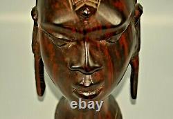 Original Vintage Signed Antique African Ebony Carved Female Head Bust Statue