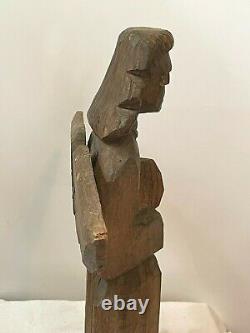 Outsider Folk Art Wooden Carved Angry Angel 15 high with Wings One Piece wood