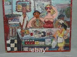 Outsider folk art painting ON wood WITH carved 3D lunch counter FOLKS
