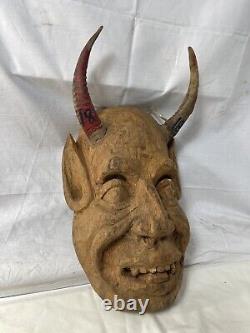 PAINTED WOOD MEXICAN DIABLO FOLK ART HORNED DEVIL MASK Hand Carved Vintage