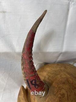 PAINTED WOOD MEXICAN DIABLO FOLK ART HORNED DEVIL MASK Hand Carved Vintage