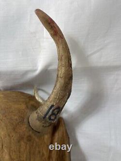 PAINTED WOOD MEXICAN DIABLO FOLK ART HORNED DEVIL MASK Hand Carved Vintage