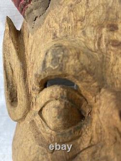 PAINTED WOOD MEXICAN DIABLO FOLK ART HORNED DEVIL MASK Hand Carved Vintage