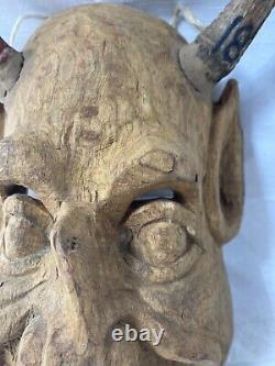 PAINTED WOOD MEXICAN DIABLO FOLK ART HORNED DEVIL MASK Hand Carved Vintage