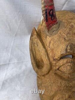 PAINTED WOOD MEXICAN DIABLO FOLK ART HORNED DEVIL MASK Hand Carved Vintage