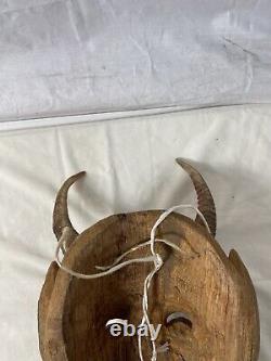 PAINTED WOOD MEXICAN DIABLO FOLK ART HORNED DEVIL MASK Hand Carved Vintage