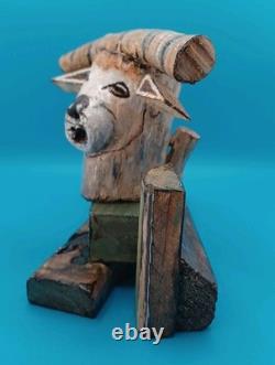 Painted Natural Wood RAM Sculpture Handmade 6 X 3 X 5