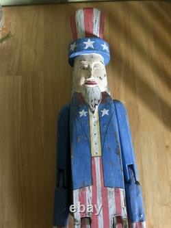 Painted Uncle Sam 32 Wood Folk Art Articulated Joints Primitive 4th Of July
