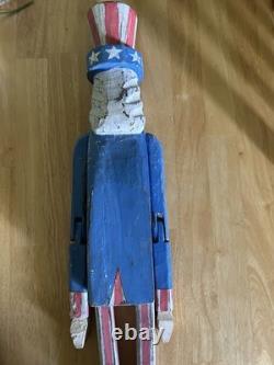 Painted Uncle Sam 32 Wood Folk Art Articulated Joints Primitive 4th Of July