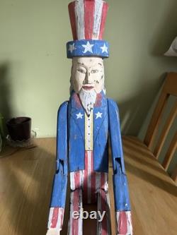 Painted Uncle Sam 32 Wood Folk Art Articulated Joints Primitive 4th Of July