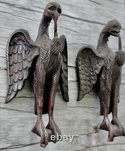 Pair Antique Gothic 18th -19th C Carved Wooden Eagles Folk Art Schimmel Style