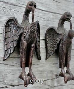 Pair Antique Gothic 18th -19th C Carved Wooden Eagles Folk Art Schimmel Style