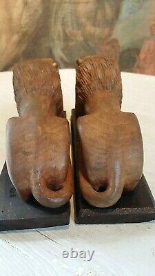 Pair Of Carved Wooden Lions On Bases Naive/folk Art/rustic