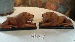 Pair Of Carved Wooden Lions On Bases Naive/folk Art/rustic