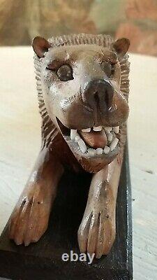 Pair Of Carved Wooden Lions On Bases Naive/folk Art/rustic