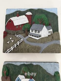Pair Of VTG 3D Folk Art Hand Carved Wood Plaque Painted Barn Farm Covered Bridge