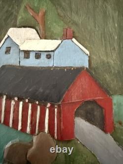 Pair Of VTG 3D Folk Art Hand Carved Wood Plaque Painted Barn Farm Covered Bridge
