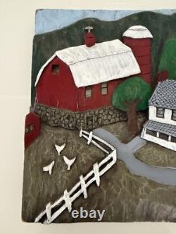 Pair Of VTG 3D Folk Art Hand Carved Wood Plaque Painted Barn Farm Covered Bridge