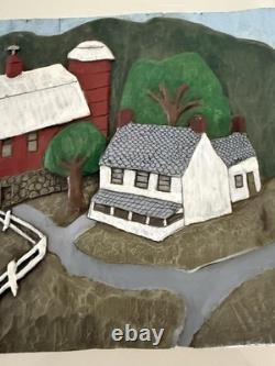 Pair Of VTG 3D Folk Art Hand Carved Wood Plaque Painted Barn Farm Covered Bridge