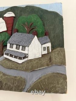 Pair Of VTG 3D Folk Art Hand Carved Wood Plaque Painted Barn Farm Covered Bridge