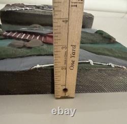Pair Of VTG 3D Folk Art Hand Carved Wood Plaque Painted Barn Farm Covered Bridge