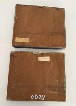 Pair Of VTG 3D Folk Art Hand Carved Wood Plaque Painted Barn Farm Covered Bridge