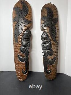 Pair Tribal Folk Art Carved Wood Hibiscus Wall Hanging Decorative Tiki Face Set