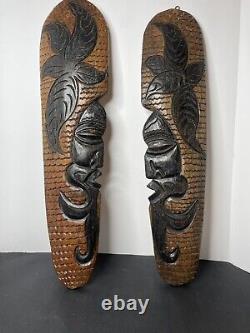 Pair Tribal Folk Art Carved Wood Hibiscus Wall Hanging Decorative Tiki Face Set