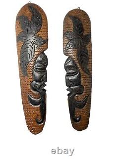 Pair Tribal Folk Art Carved Wood Hibiscus Wall Hanging Decorative Tiki Face Set