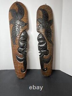 Pair Tribal Folk Art Carved Wood Hibiscus Wall Hanging Decorative Tiki Face Set