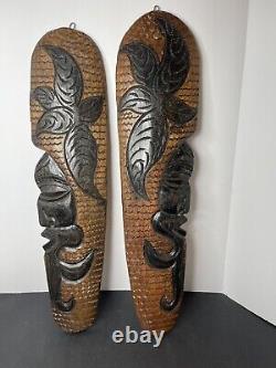 Pair Tribal Folk Art Carved Wood Hibiscus Wall Hanging Decorative Tiki Face Set