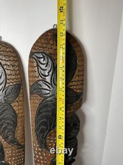 Pair Tribal Folk Art Carved Wood Hibiscus Wall Hanging Decorative Tiki Face Set
