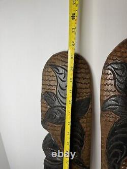 Pair Tribal Folk Art Carved Wood Hibiscus Wall Hanging Decorative Tiki Face Set