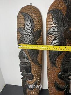 Pair Tribal Folk Art Carved Wood Hibiscus Wall Hanging Decorative Tiki Face Set