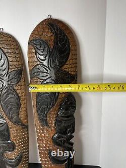 Pair Tribal Folk Art Carved Wood Hibiscus Wall Hanging Decorative Tiki Face Set