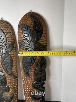 Pair Tribal Folk Art Carved Wood Hibiscus Wall Hanging Decorative Tiki Face Set