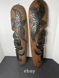 Pair Tribal Folk Art Carved Wood Hibiscus Wall Hanging Decorative Tiki Face Set