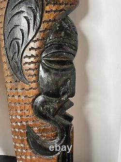 Pair Tribal Folk Art Carved Wood Hibiscus Wall Hanging Decorative Tiki Face Set