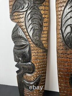Pair Tribal Folk Art Carved Wood Hibiscus Wall Hanging Decorative Tiki Face Set