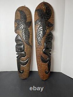 Pair Tribal Folk Art Carved Wood Hibiscus Wall Hanging Decorative Tiki Face Set