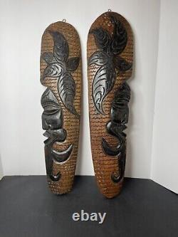 Pair Tribal Folk Art Carved Wood Hibiscus Wall Hanging Decorative Tiki Face Set