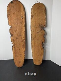 Pair Tribal Folk Art Carved Wood Hibiscus Wall Hanging Decorative Tiki Face Set