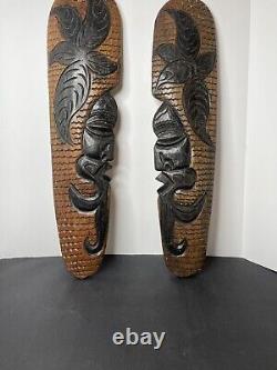 Pair Tribal Folk Art Carved Wood Hibiscus Wall Hanging Decorative Tiki Face Set