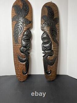 Pair Tribal Folk Art Carved Wood Hibiscus Wall Hanging Decorative Tiki Face Set
