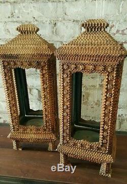 Pair of 19th Century Antique Carved Santos Reliquary Tramp Folk Art Boxes